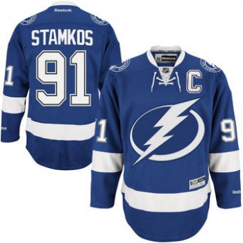 Men's Tampa Bay Lightning #91 Steven Stamkos Reebok Blue Home Captain Premier Jersey