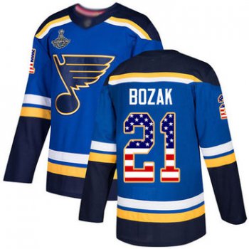Blues #21 Tyler Bozak Blue Home Authentic USA Flag Stanley Cup Champions Stitched Hockey Jersey