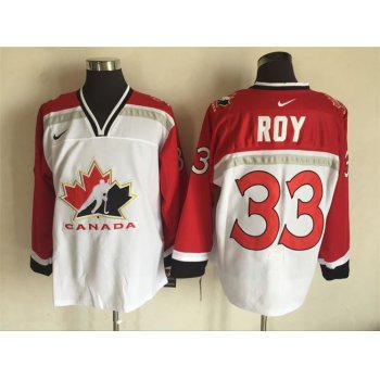 Men's 1998 Team Canada #33 Patrick Roy White Nike Olympic Throwback Stitched Hockey Jersey