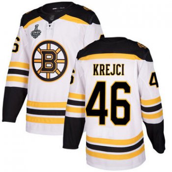 Men's Boston Bruins #46 David Krejci White Road Authentic 2019 Stanley Cup Final Bound Stitched Hockey Jersey