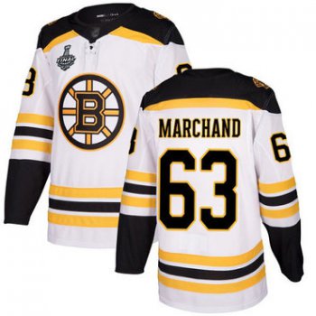 Men's Boston Bruins #63 Brad Marchand White Road Authentic 2019 Stanley Cup Final Bound Stitched Hockey Jersey