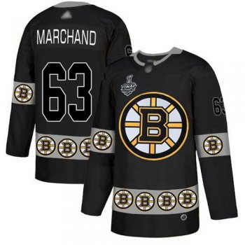 Men's Boston Bruins #63 Brad Marchand Black Authentic Team Logo Fashion 2019 Stanley Cup Final Bound Stitched Hockey Jersey