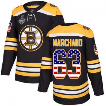 Men's Boston Bruins #63 Brad Marchand Black Home Authentic USA Flag 2019 Stanley Cup Final Bound Stitched Hockey Jersey