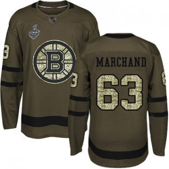 Men's Boston Bruins #63 Brad Marchand Green Salute to Service 2019 Stanley Cup Final Bound Stitched Hockey Jersey