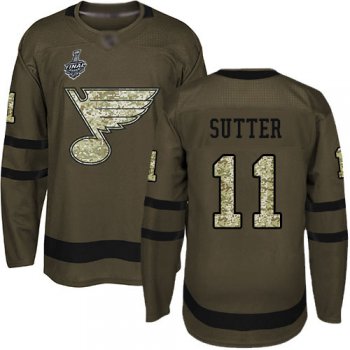 Men's St. Louis Blues #11 Brian Sutter Green Salute to Service 2019 Stanley Cup Final Bound Stitched Hockey Jersey