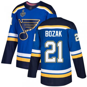 Men's St. Louis Blues #21 Tyler Bozak Blue Home Authentic 2019 Stanley Cup Final Bound Stitched Hockey Jersey