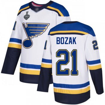 Men's St. Louis Blues #21 Tyler Bozak White Road Authentic 2019 Stanley Cup Final Bound Stitched Hockey Jersey