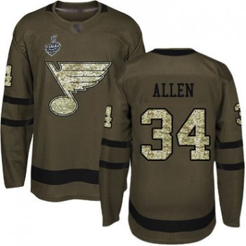 Men's St. Louis Blues #34 Jake Allen Green Salute to Service 2019 Stanley Cup Final Bound Stitched Hockey Jersey