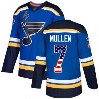 Men's St. Louis Blues #7 Joe Mullen Blue Home Authentic USA Flag 2019 Stanley Cup Final Bound Stitched Hockey Jersey