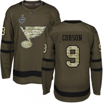 Men's St. Louis Blues #9 Shayne Corson Green Salute to Service 2019 Stanley Cup Final Bound Stitched Hockey Jersey