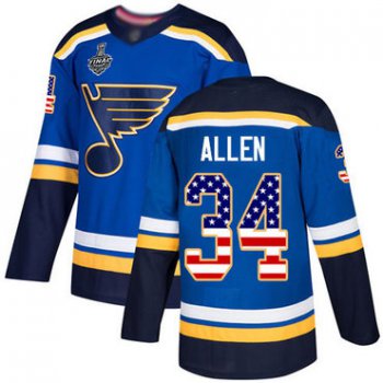 Men's St. Louis Blues #34 Jake Allen Blue Home Authentic USA Flag 2019 Stanley Cup Final Bound Stitched Hockey Jersey