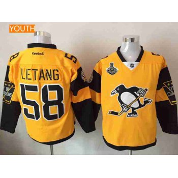 Youth Pittsburgh Penguins #58 Kris Letang Yellow Stadium Series 2017 Stanley Cup Finals Patch Stitched NHL Reebok Hockey Jersey