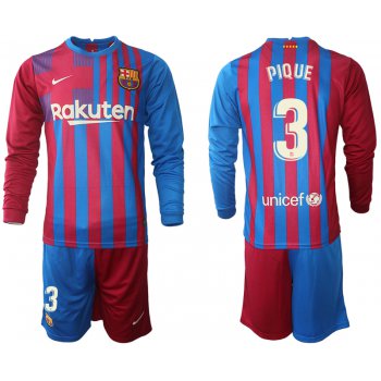 Men 2021-2022 Club Barcelona home red blue Long Sleeve 3 Nike Soccer Jersey