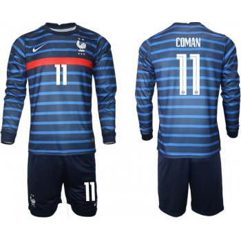 Men 2021 European Cup France home blue Long sleeve 11 Soccer Jersey