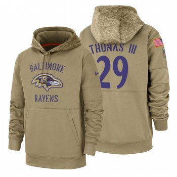 Baltimore Ravens #29 Earl Thomas III Nike Tan 2019 Salute To Service Name & Number Sideline Therma Pullover Hoodie