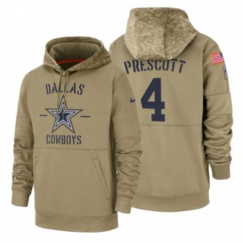 Dallas Cowboys #4 Dak Prescott Nike Tan 2019 Salute To Service Name & Number Sideline Therma Pullover Hoodie