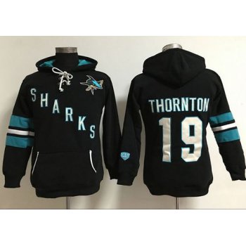 San Jose Sharks #19 Joe Thornton Black Women's Old Time Heidi Hoodie NHL Hoodie