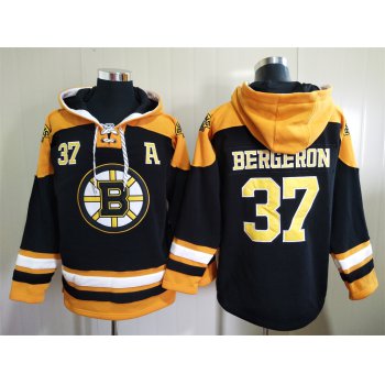 Men's Boston Bruins #37 Patrice Bergeron Black Ageless Must Have Lace Up Pullover Hoodie