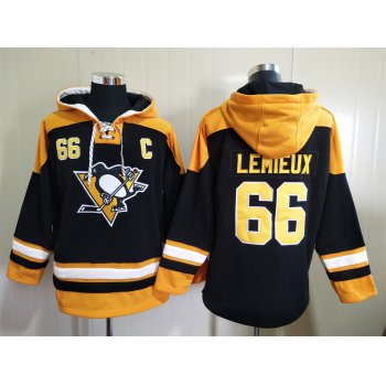 Men's Pittsburgh Penguins #66 Mario Lemieux Black Ageless Must Have Lace Up Pullover Hoodie