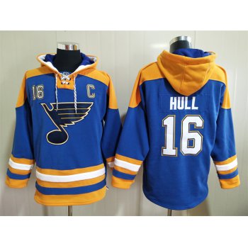 Men's St Louis Blues #16 Brett Hull Blue Ageless Must Have Lace Up Pullover Hoodie