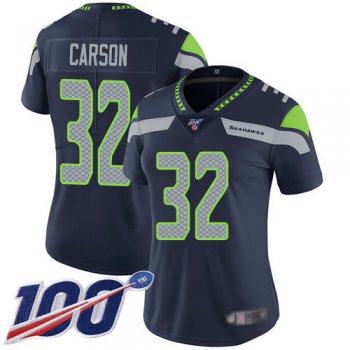 Seahawks #32 Chris Carson Steel Blue Team Color Women's Stitched Football 100th Season Vapor Limited Jersey