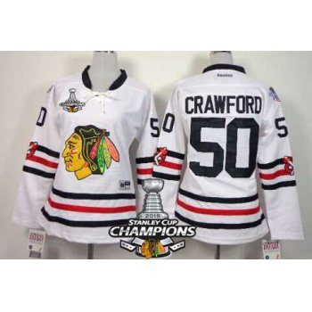 Chicago Blackhawks #50 Corey Crawford 2015 Winter Classic White Womens Jersey W/2015 Stanley Cup Champion Patch