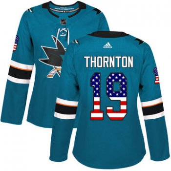 Adidas San Jose Sharks #19 Joe Thornton Teal Home Authentic USA Flag Women's Stitched NHL Jersey