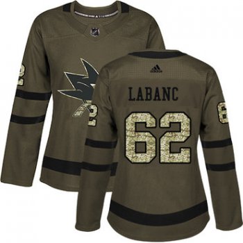 Adidas San Jose Sharks #62 Kevin Labanc Green Salute to Service Women's Stitched NHL Jersey