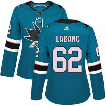 Adidas San Jose Sharks #62 Kevin Labanc Teal Home Authentic Women's Stitched NHL Jersey