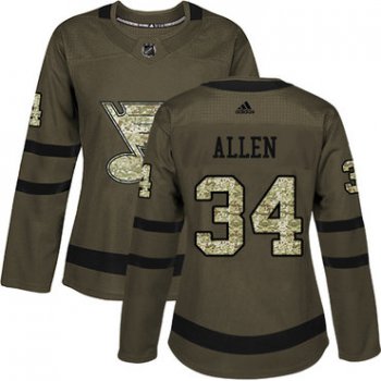 Adidas St.Louis Blues #34 Jake Allen Green Salute to Service Women's Stitched NHL Jersey