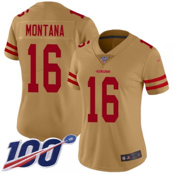 Nike 49ers #16 Joe Montana Gold Women's Stitched NFL Limited Inverted Legend 100th Season Jersey