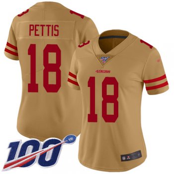 Nike 49ers #18 Dante Pettis Gold Women's Stitched NFL Limited Inverted Legend 100th Season Jersey