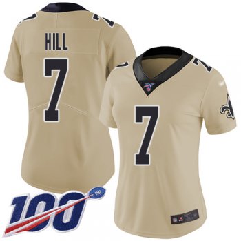 Nike Saints #7 Taysom Hill Gold Women's Stitched NFL Limited Inverted Legend 100th Season Jersey