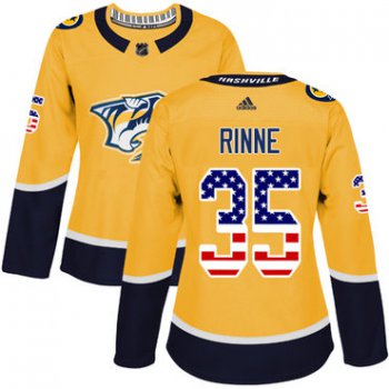 Adidas Nashville Predators #35 Pekka Rinne Yellow Home Authentic USA Flag Women's Stitched NHL Jersey