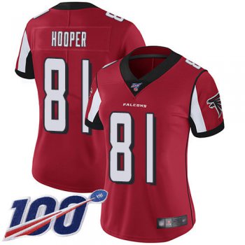Nike Falcons #81 Austin Hooper Red Team Color Women's Stitched NFL 100th Season Vapor Limited Jersey