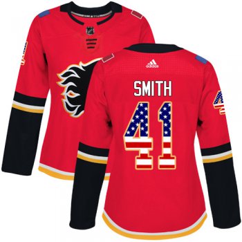 Adidas Calgary Flames #41 Mike Smith Red Home Authentic USA Flag Women's Stitched NHL Jersey