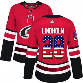 Adidas Carolina Hurricanes #28 Elias Lindholm Red Home Authentic USA Flag Women's Stitched NHL Jersey