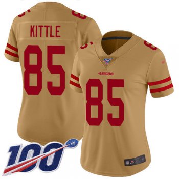 Nike 49ers #85 George Kittle Gold Women's Stitched NFL Limited Inverted Legend 100th Season Jersey