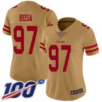 Nike 49ers #97 Nick Bosa Gold Women's Stitched NFL Limited Inverted Legend 100th Season Jersey