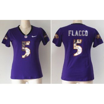 Nike Baltimore Ravens #5 Joe Flacco Handwork Sequin Lettering Fashion Purple Womens Jersey