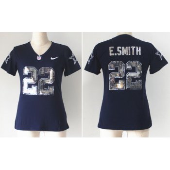 Nike Dallas Cowboys #22 Emmitt Smith Handwork Sequin Lettering Fashion Blue Womens Jersey