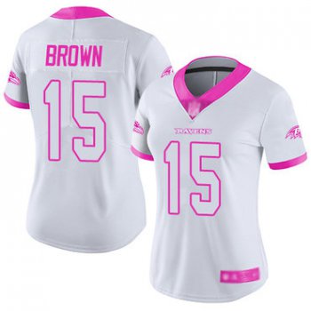 Ravens #15 Marquise Brown White Pink Women's Stitched Football Limited Rush Fashion Jersey