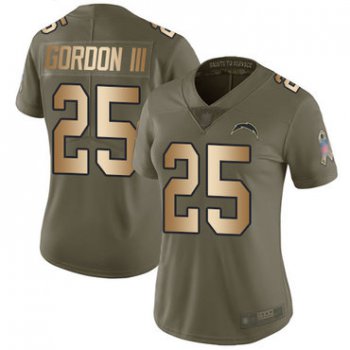 Chargers #25 Melvin Gordon III Olive Gold Women's Stitched Football Limited 2017 Salute to Service Jersey