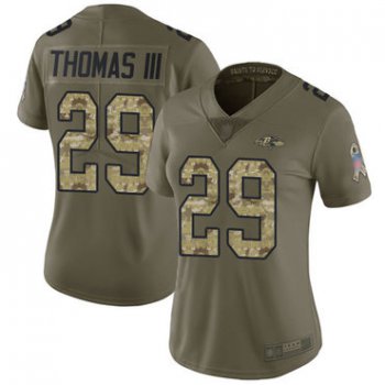 Ravens #29 Earl Thomas III Olive Camo Women's Stitched Football Limited 2017 Salute to Service Jersey
