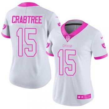 Nike Raiders #15 Michael Crabtree White Pink Women's Stitched NFL Limited Rush Fashion Jersey