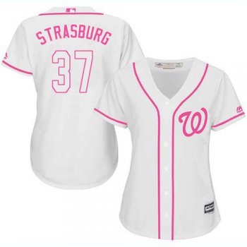 Nationals #37 Stephen Strasburg White Pink Fashion Women's Stitched Baseball Jersey