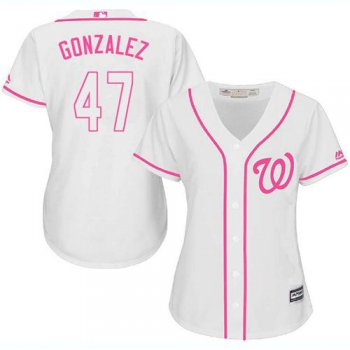 Nationals #47 Gio Gonzalez White Pink Fashion Women's Stitched Baseball Jersey