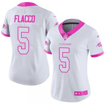 Nike Ravens #5 Joe Flacco White Pink Women's Stitched NFL Limited Rush Fashion Jersey