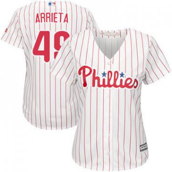 Phillies #49 Jake Arrieta White(Red Strip) Home Women's Stitched Baseball Jersey