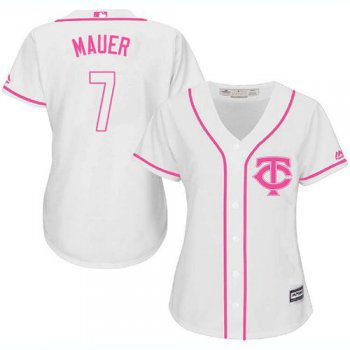 Twins #7 Joe Mauer White Pink Fashion Women's Stitched Baseball Jersey